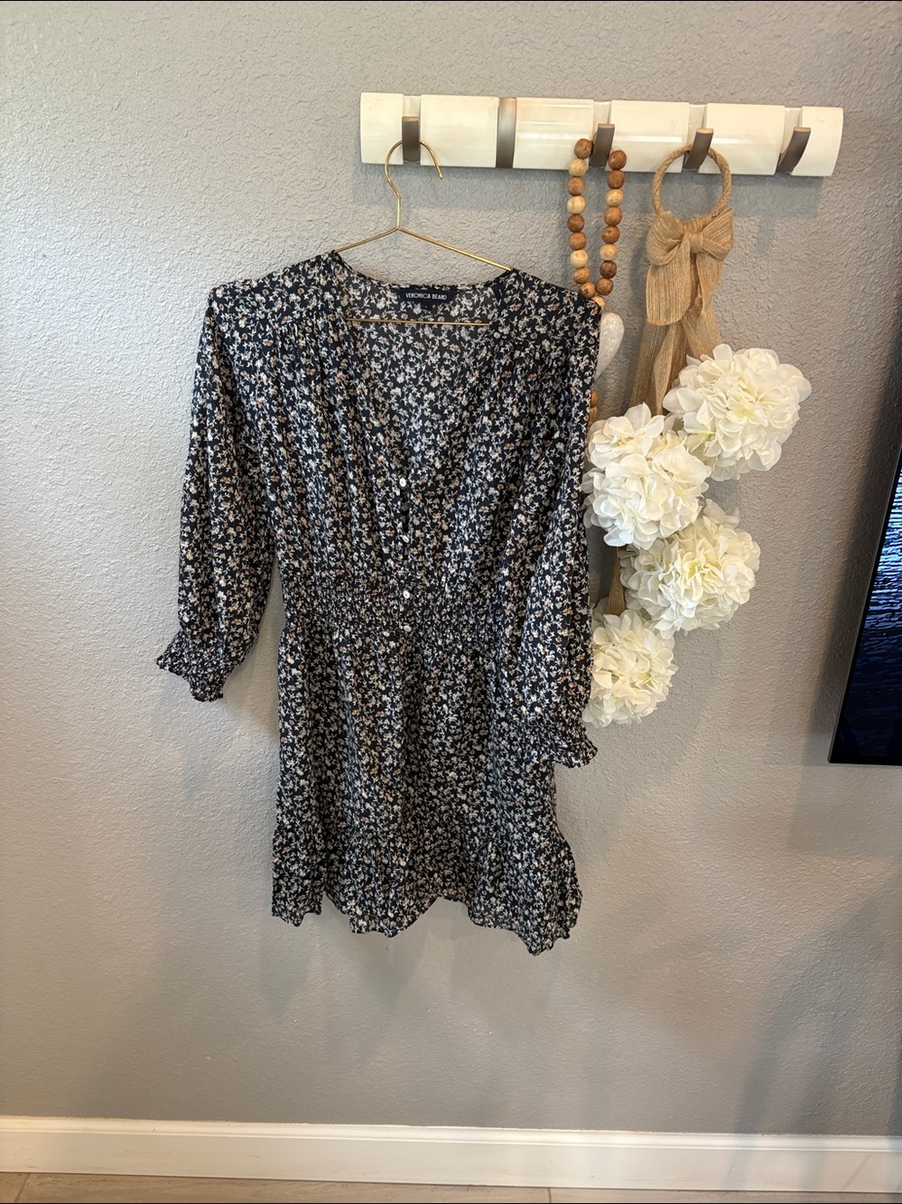 Veronica Beard Navy and Cream Floral Long-Sleeve Button Dress